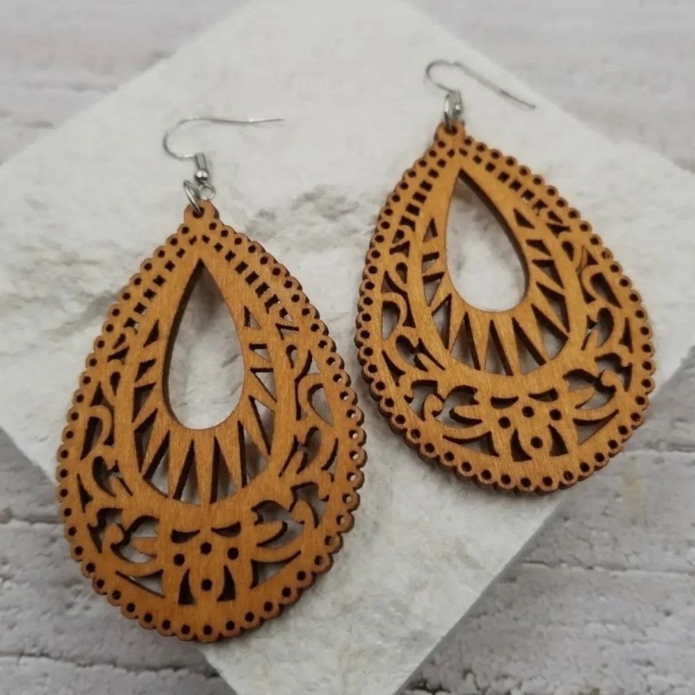 Tan Bohemian Geometric Wood Earrings for Women Natural